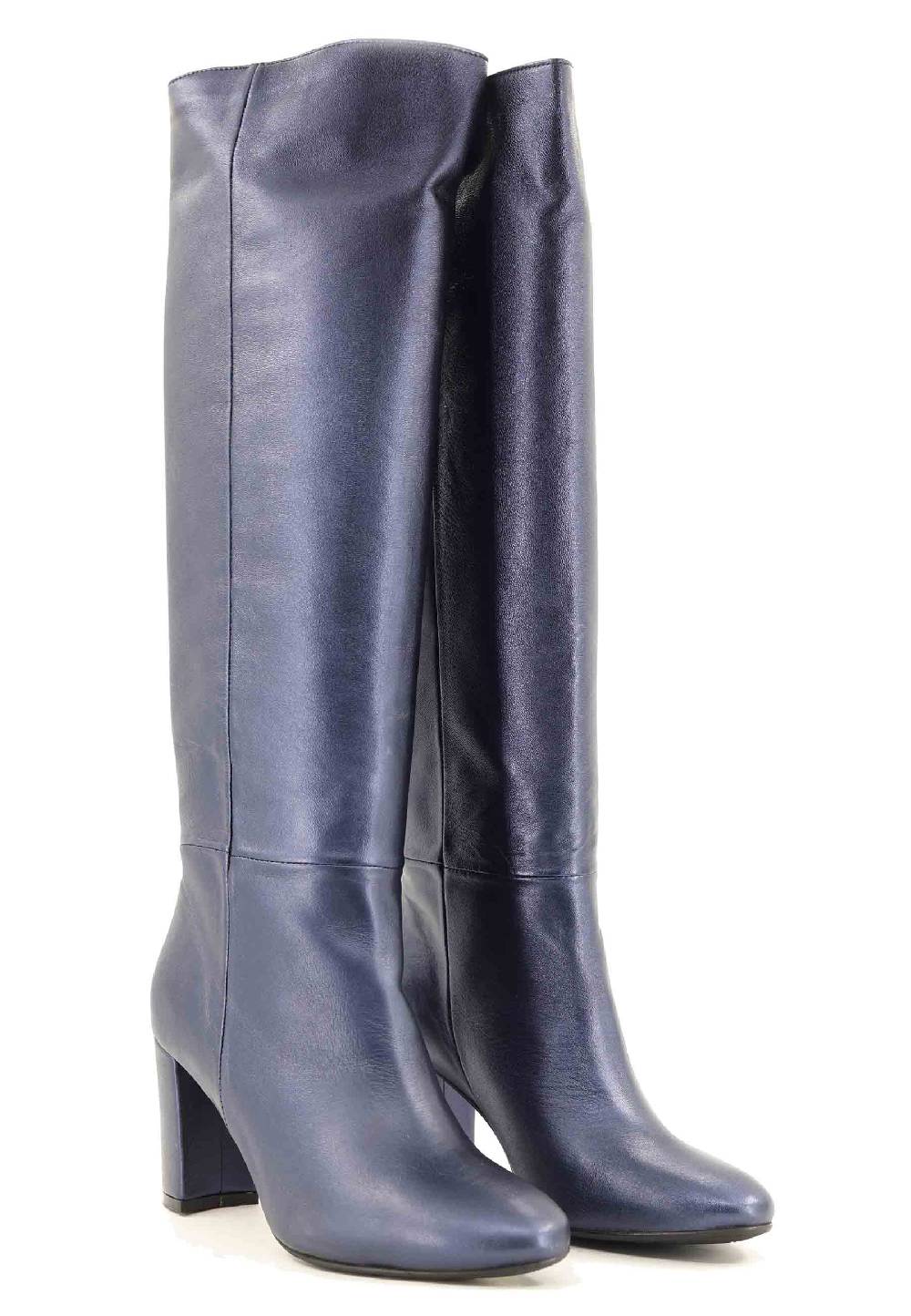L'ARIANNA Stivali ST1689 a tubo in pelle lamin blu con punta tonda Hotsell
