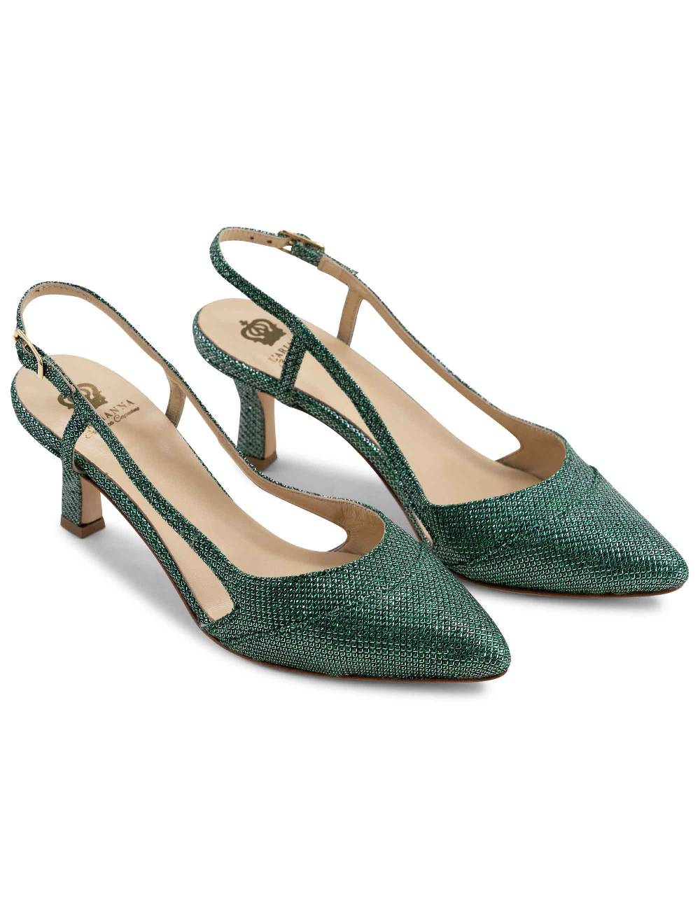 L'ARIANNA Decollete slingback ch1603/rt donna in tessuto luminor verde con tacco medio l'arianna Vendite Flash
