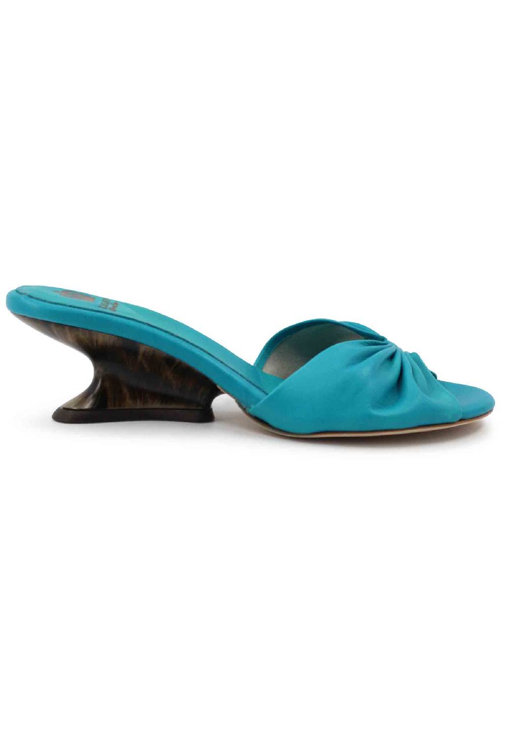 L'ARIANNA Sandali donna in pelle azzurra con zeppa bassa Promozione