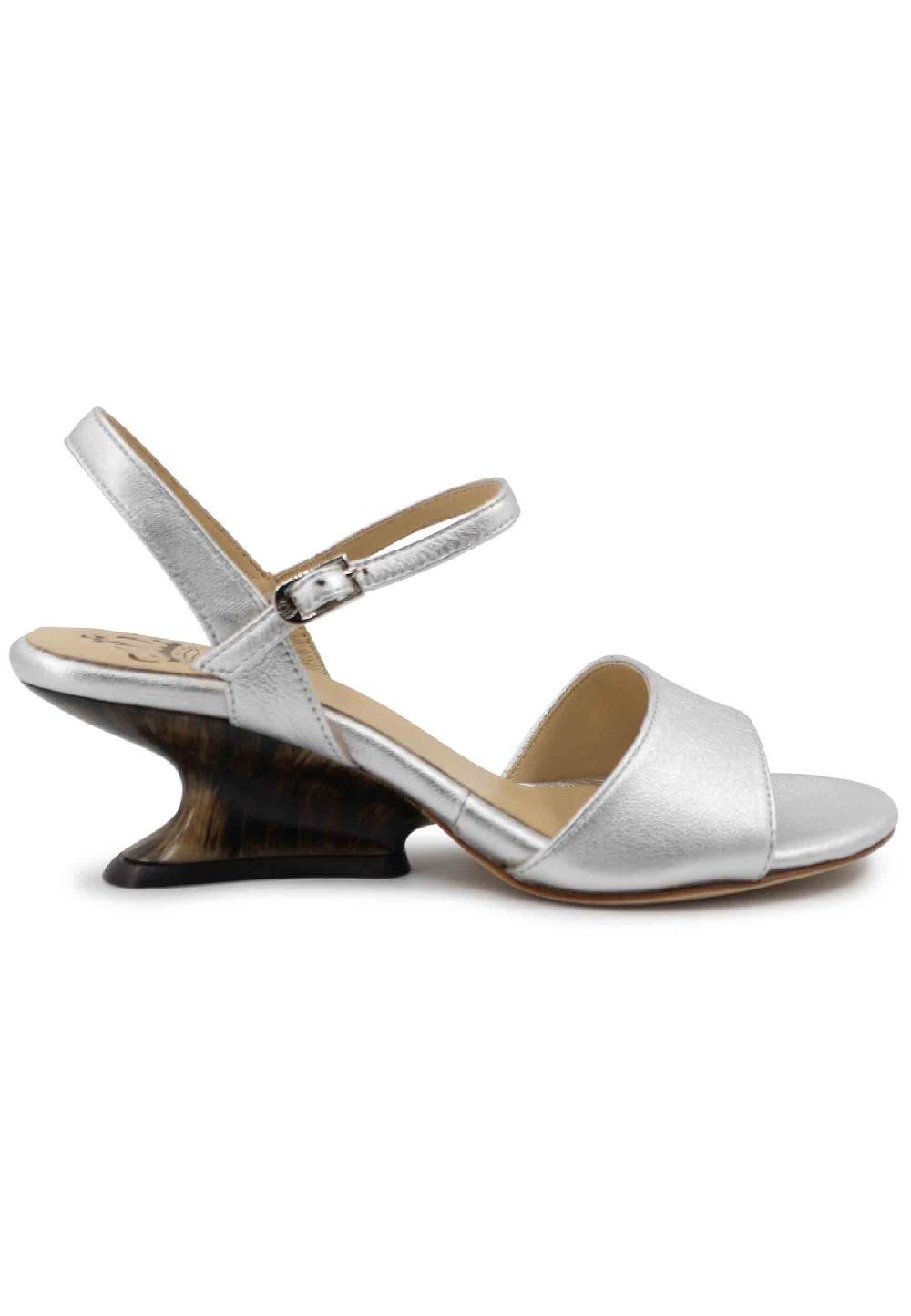 L'ARIANNA Sandali donna in pelle laminata argento con zeppa bassa Prezzo Ridotto
