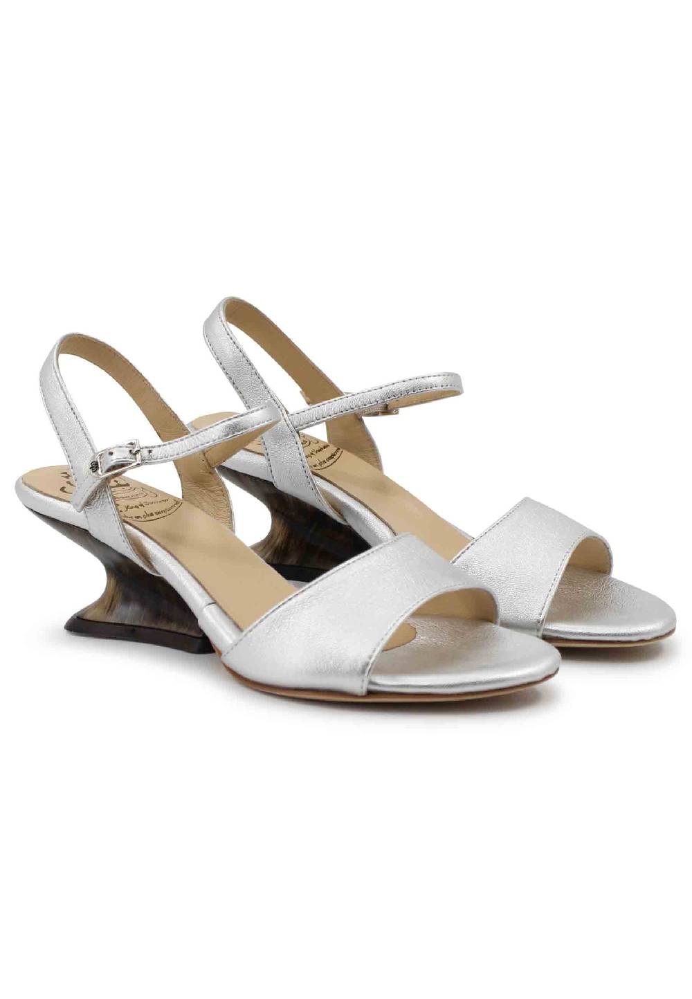 L'ARIANNA Sandali donna in pelle laminata argento con zeppa bassa Prezzo Ridotto