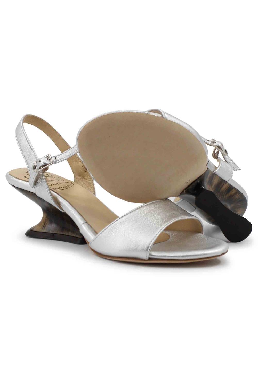 L'ARIANNA Sandali donna in pelle laminata argento con zeppa bassa Prezzo Ridotto