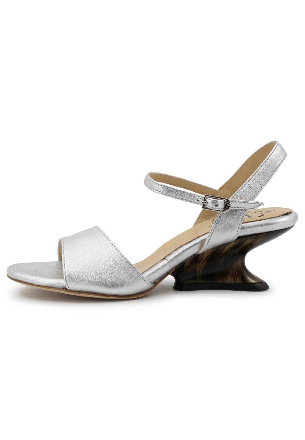 L'ARIANNA Sandali donna in pelle laminata argento con zeppa bassa Prezzo Ridotto