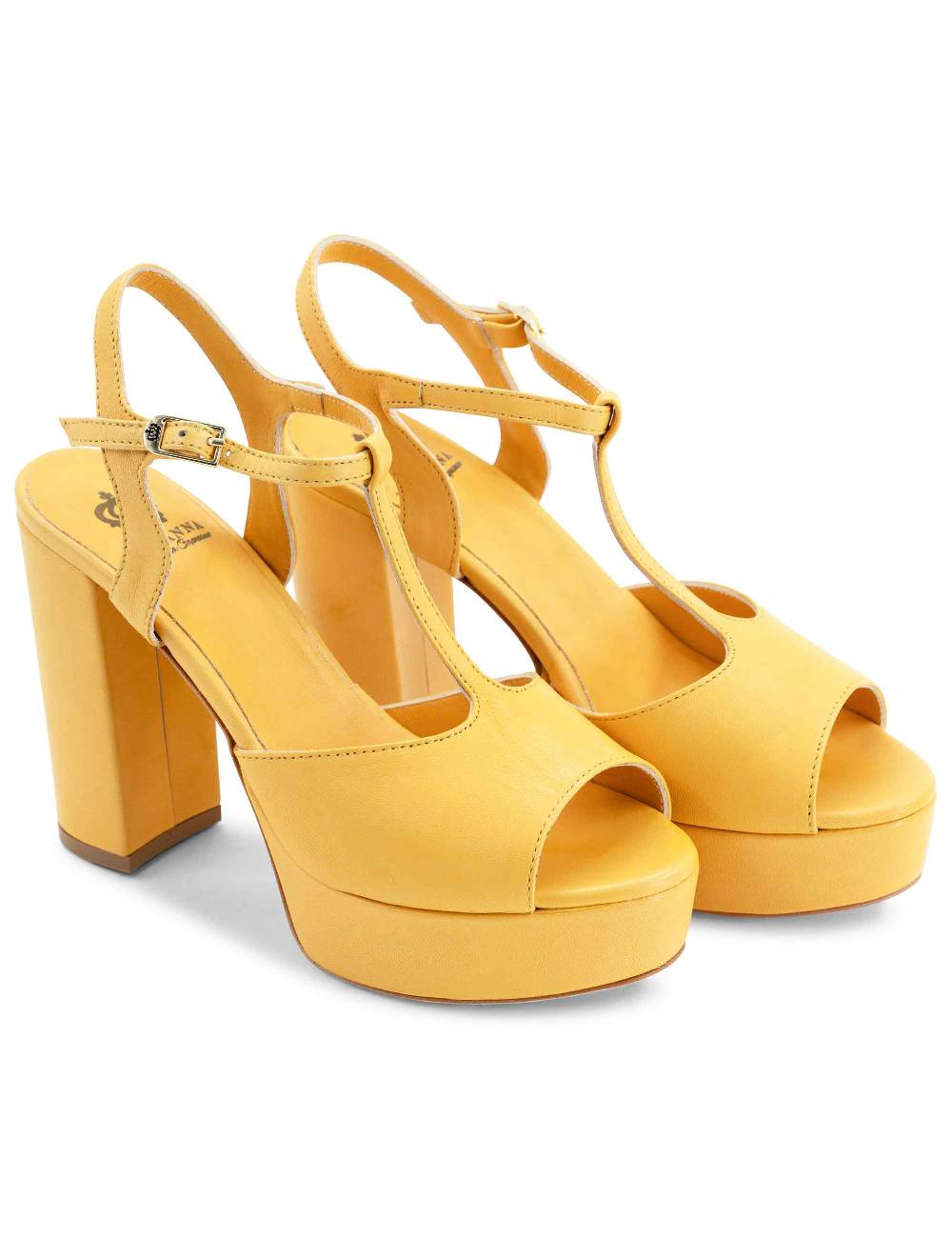 L'ARIANNA Sandali ds7010 donna in pelle color giallo con cinturino tacco alto e plateau Affare Del Giorno