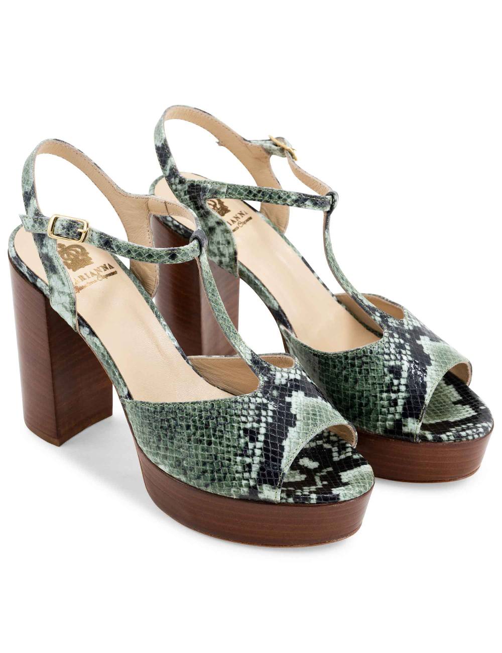 L'ARIANNA Sandali ds7010 donna in pelle stampata verde con cinturino tacco alto e plateau Prezzo Ridotto