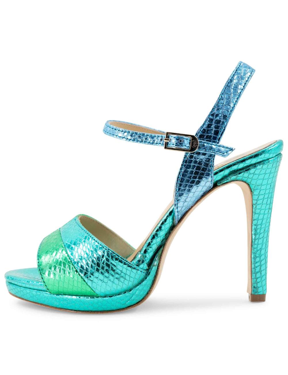 L'ARIANNA Sandali ds1643 da donna in pelle laminata rettile verde e azzurra con tacco alto e platò, con cinturino alla caviglia Sconto