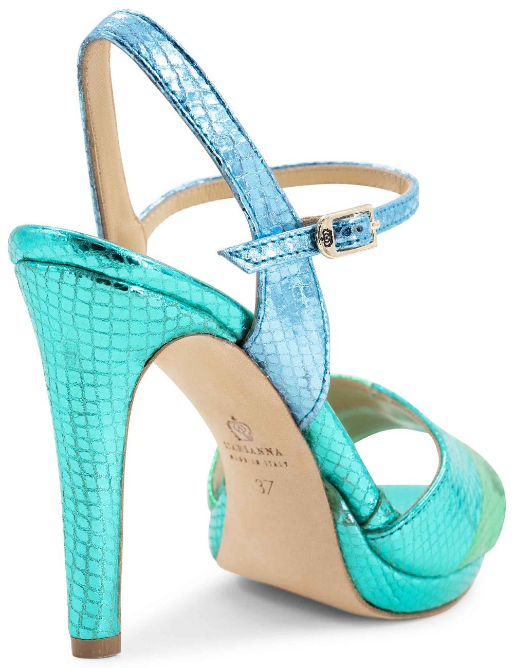 L'ARIANNA Sandali ds1643 da donna in pelle laminata rettile verde e azzurra con tacco alto e platò, con cinturino alla caviglia Sconto
