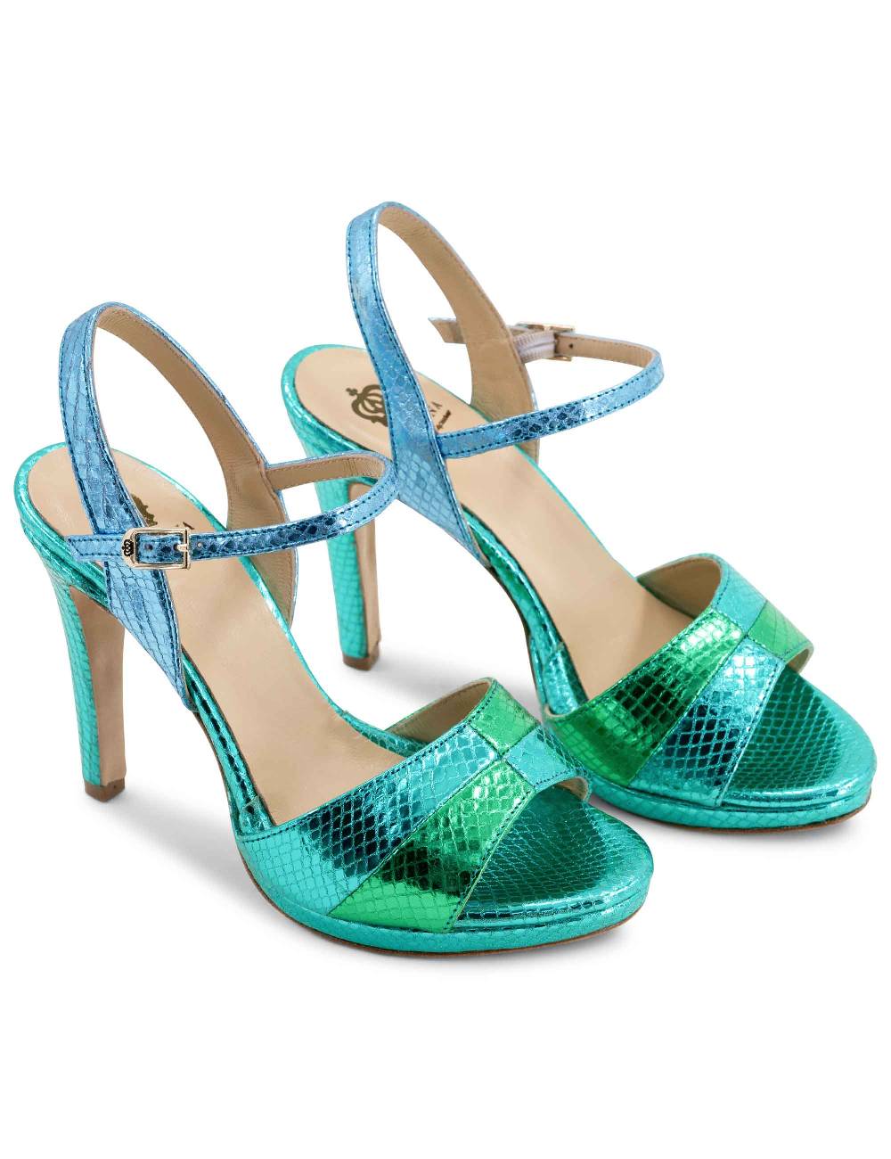 L'ARIANNA Sandali ds1643 da donna in pelle laminata rettile verde e azzurra con tacco alto e platò, con cinturino alla caviglia Sconto