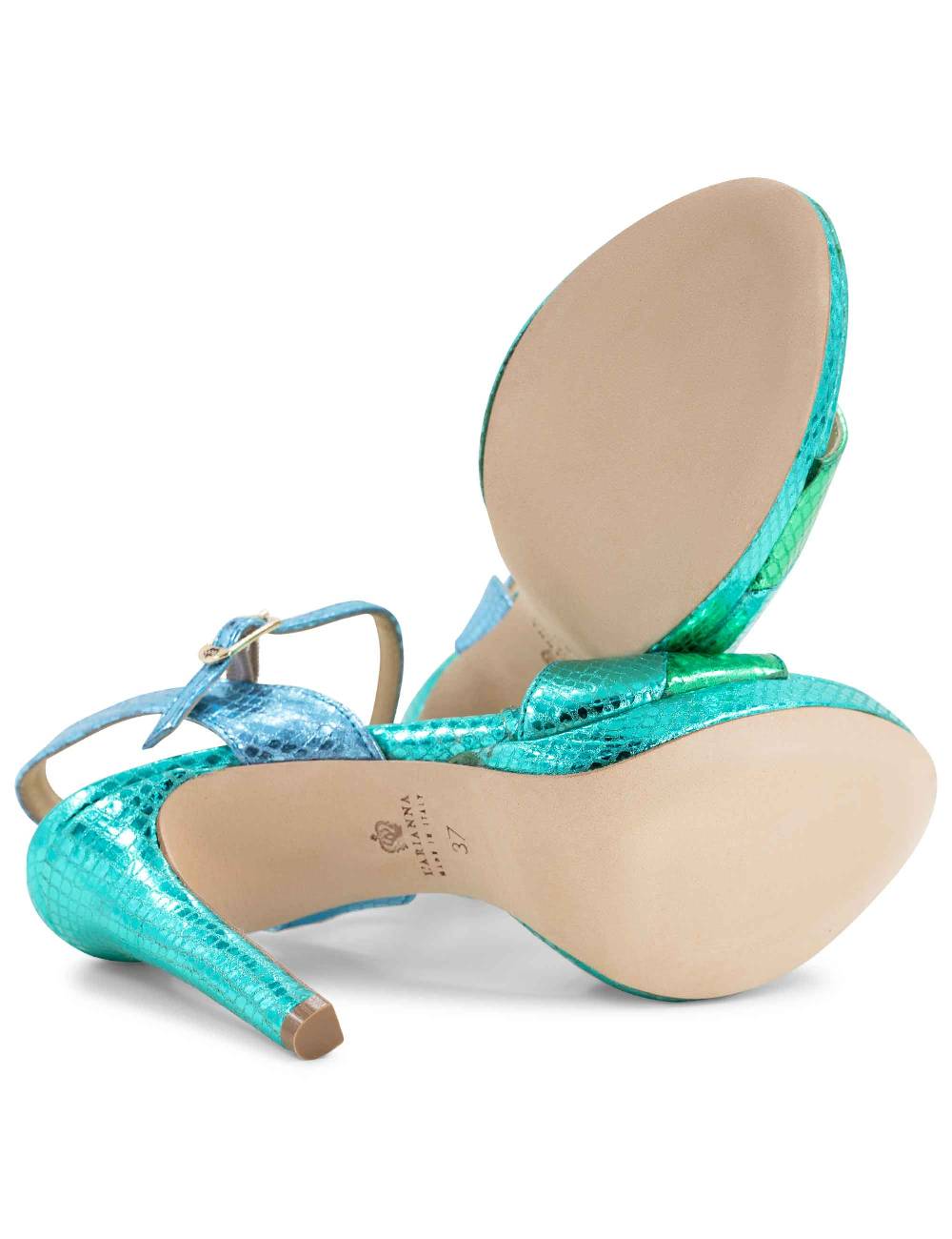 L'ARIANNA Sandali ds1643 da donna in pelle laminata rettile verde e azzurra con tacco alto e platò, con cinturino alla caviglia Sconto