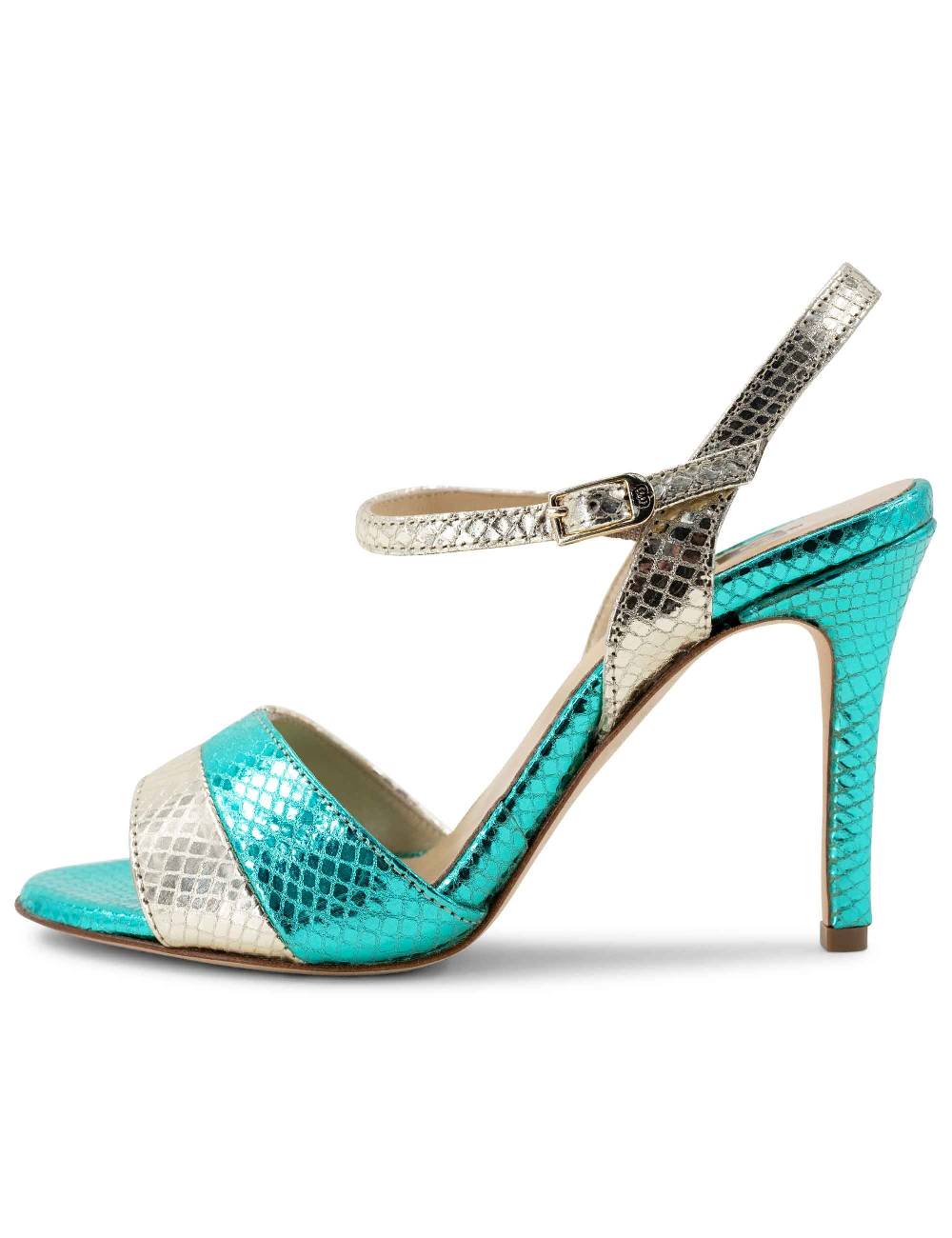 L'ARIANNA Sandali ds1643 da donna in pelle laminata rettile verde e argento con tacco alto e con cinturino alla caviglia Offerta