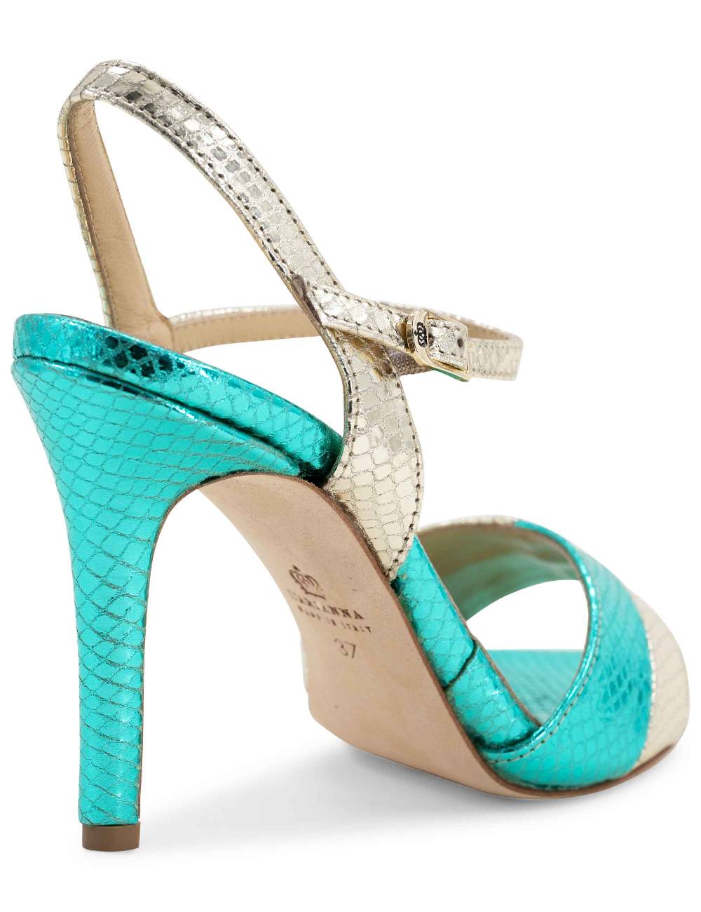 L'ARIANNA Sandali ds1643 da donna in pelle laminata rettile verde e argento con tacco alto e con cinturino alla caviglia Offerta