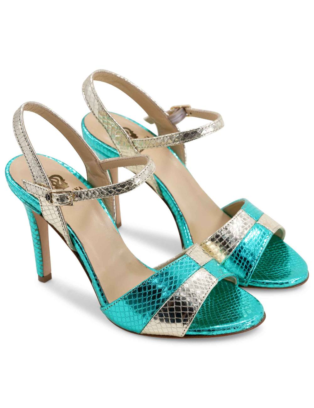 L'ARIANNA Sandali ds1643 da donna in pelle laminata rettile verde e argento con tacco alto e con cinturino alla caviglia Offerta