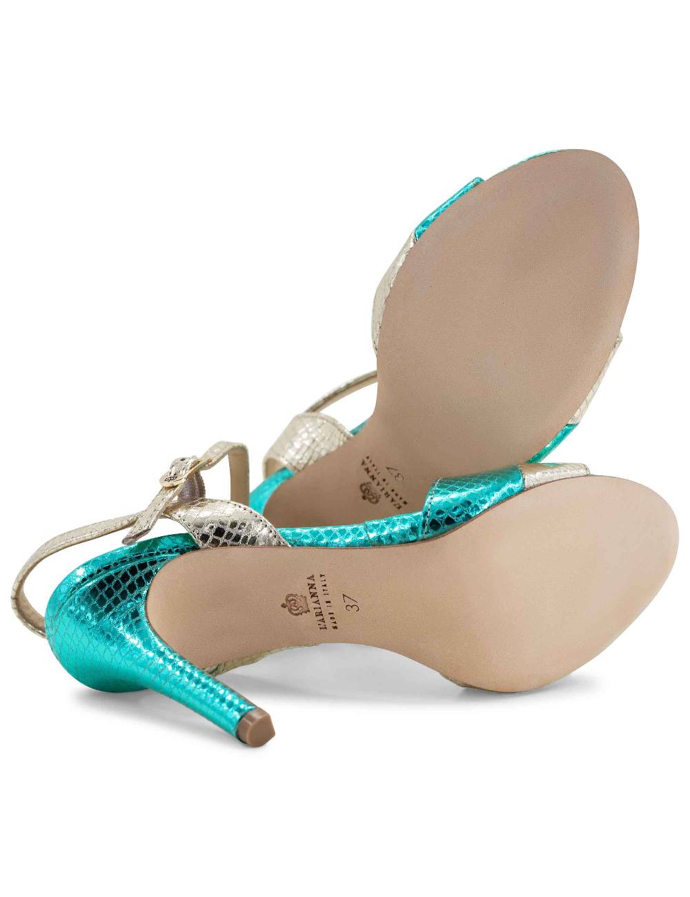 L'ARIANNA Sandali ds1643 da donna in pelle laminata rettile verde e argento con tacco alto e con cinturino alla caviglia Offerta