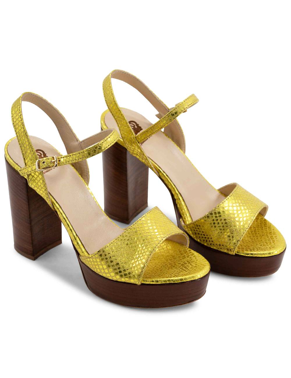 L'ARIANNA Sandali DS1610 donna in pelle stampata laminata giallo con tacco alto e plateau Outlet