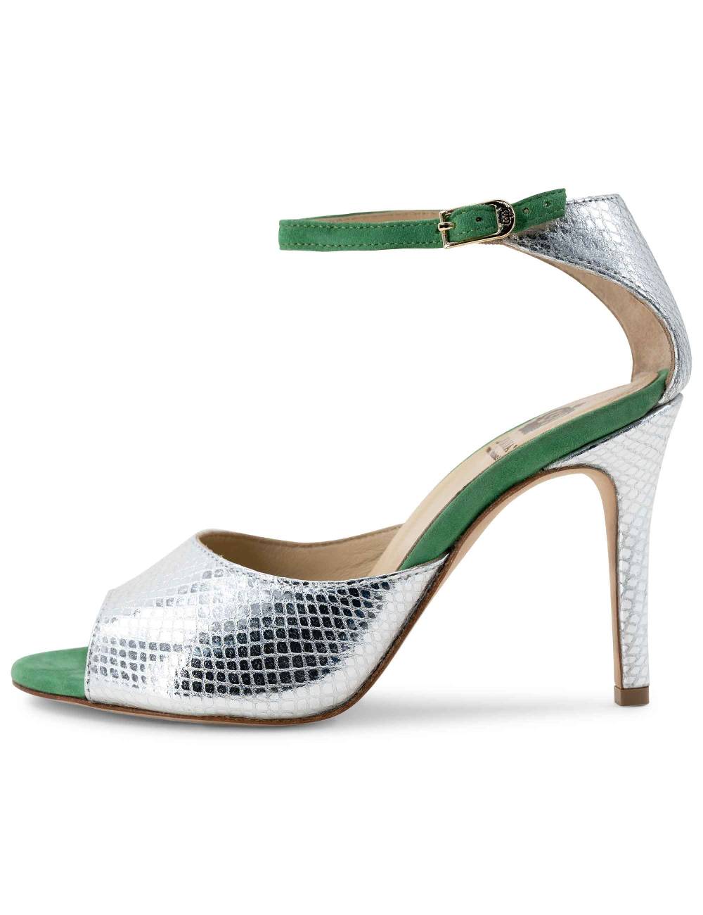 L'ARIANNA Sandali DS1518 donna in pelle laminata jeans effetto rettile e camoscio verde con tacco alto e cinturino alla caviglia L'Arianna Offerte