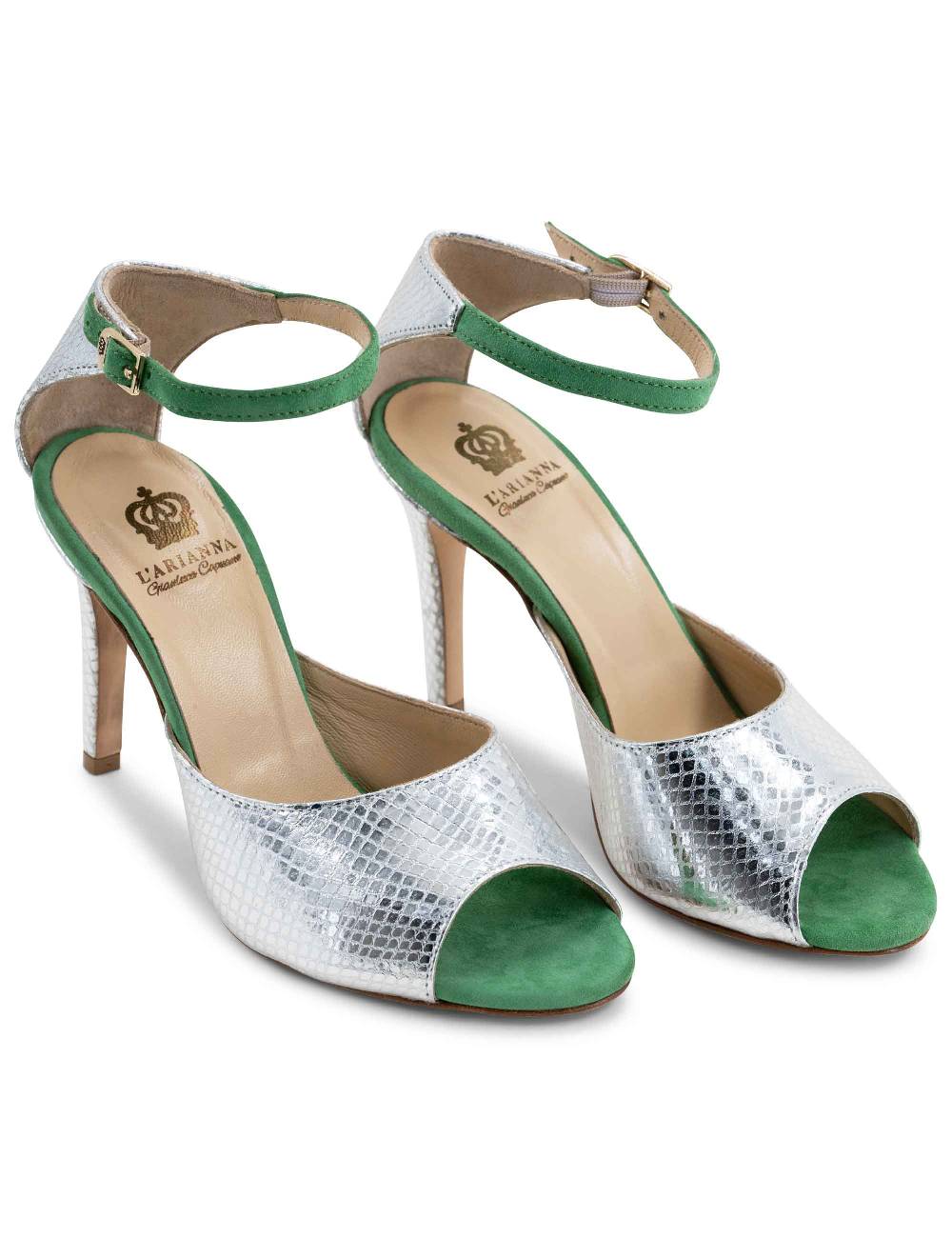 L'ARIANNA Sandali DS1518 donna in pelle laminata jeans effetto rettile e camoscio verde con tacco alto e cinturino alla caviglia L'Arianna Offerte