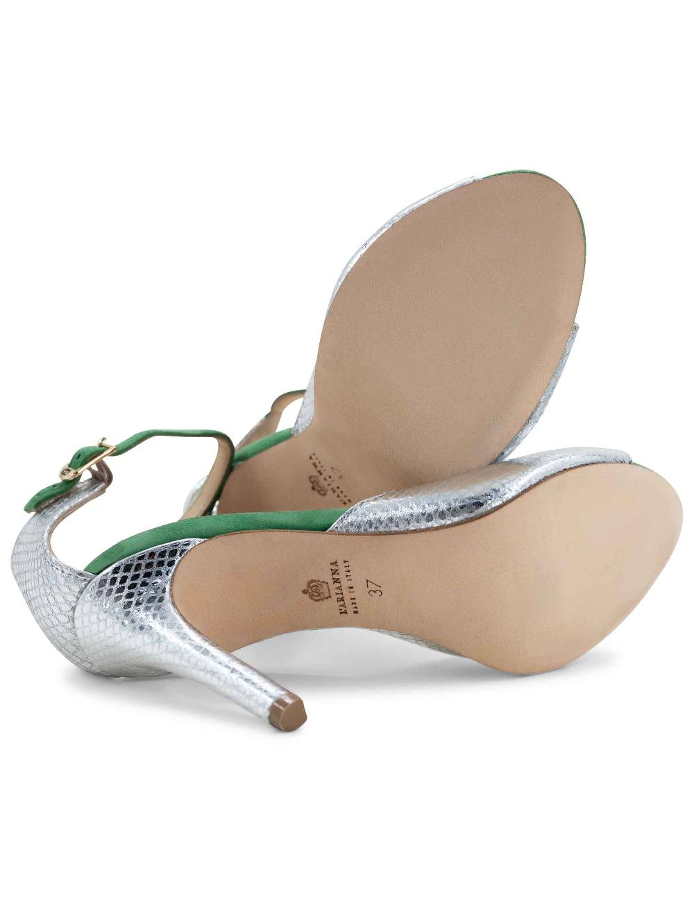 L'ARIANNA Sandali DS1518 donna in pelle laminata jeans effetto rettile e camoscio verde con tacco alto e cinturino alla caviglia L'Arianna Offerte