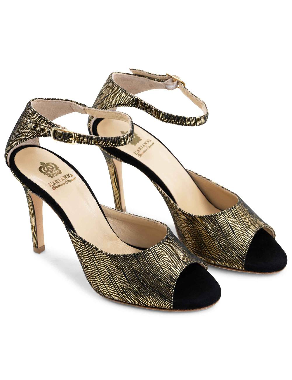 L'ARIANNA Sandali DS1518 donna in camoscio nero e lucry oro con tacco alto e cinturino alla caviglia L'Arianna Hotsell