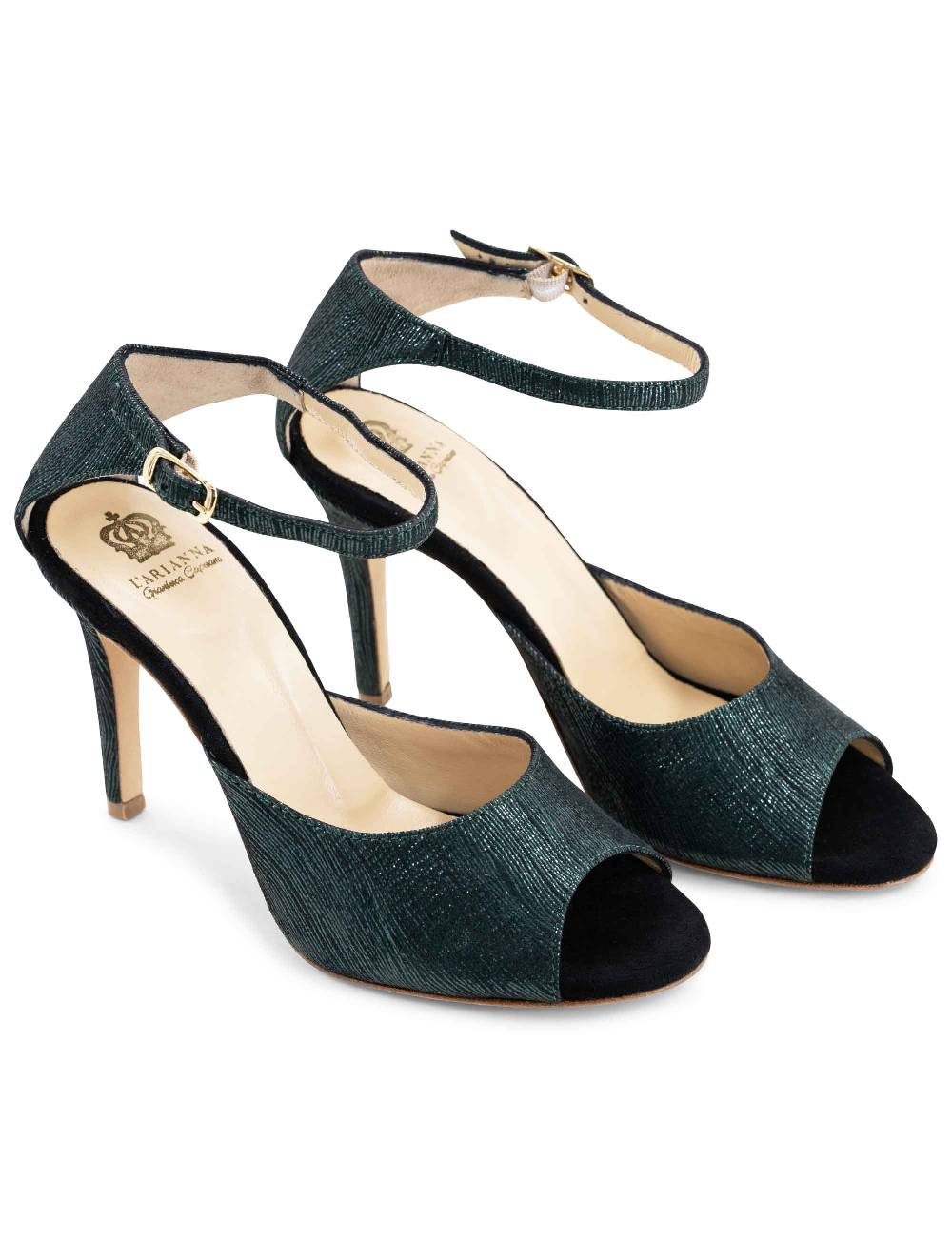 L'ARIANNA Sandali DS1518 donna in camoscio nero e lucry verde con tacco alto e cinturino alla caviglia L'Arianna Vendita Calda
