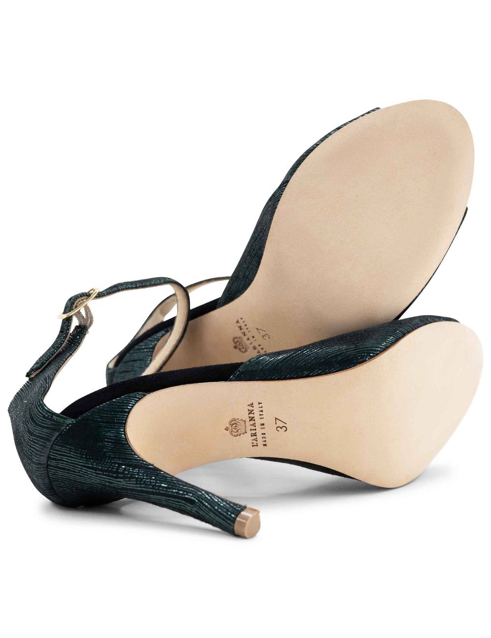 L'ARIANNA Sandali DS1518 donna in camoscio nero e lucry verde con tacco alto e cinturino alla caviglia L'Arianna Vendita Calda
