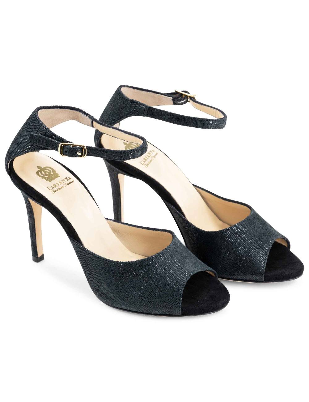 L'ARIANNA Sandali DS1518 donna in camoscio nero e lucry nero con tacco alto e cinturino alla caviglia L'Arianna Vendita Economica