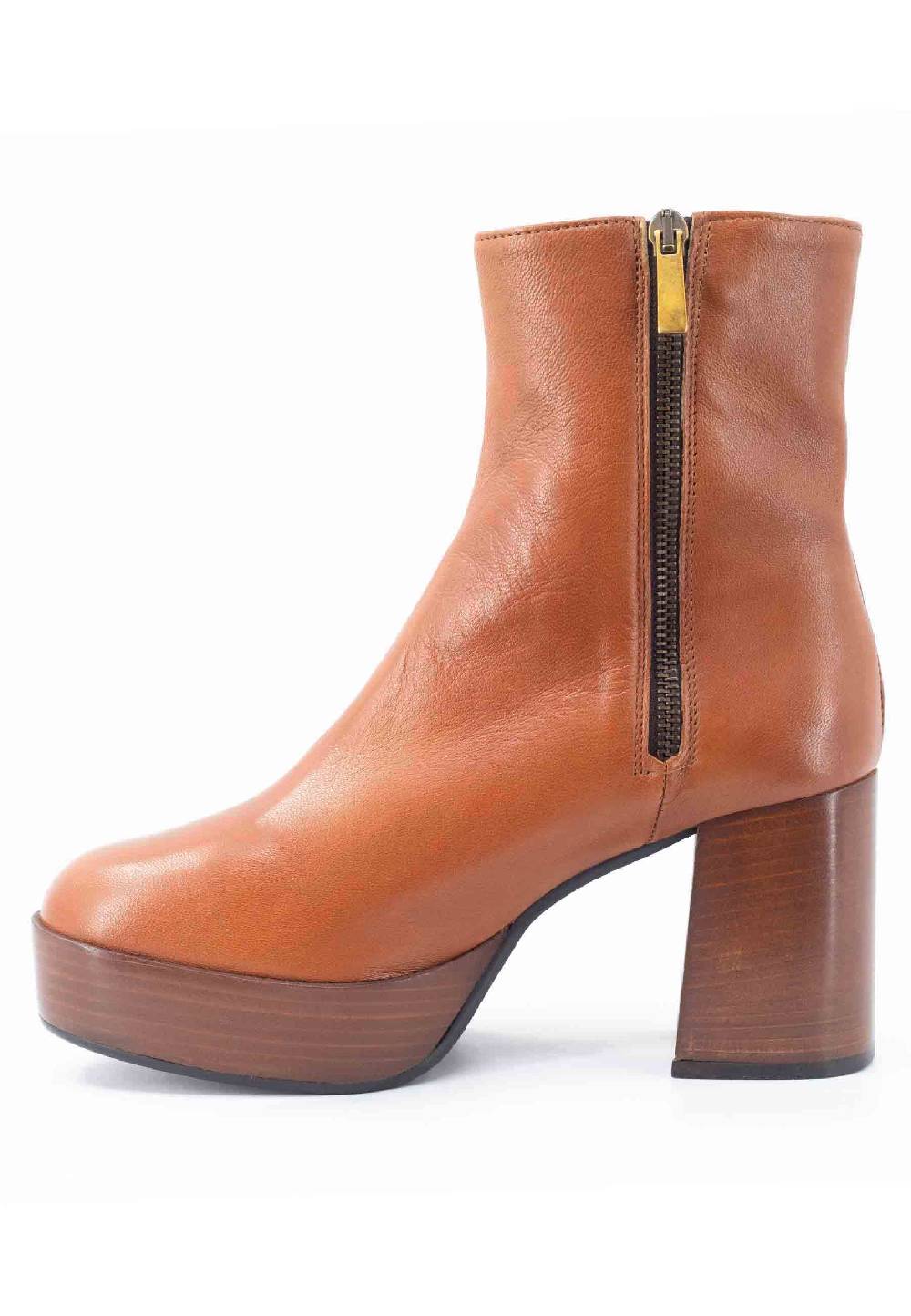 L'ARIANNA Stivaletti TR1556 in pelle cuoio con tacco alto e plateau con zip laterale di chiusura Nuovo