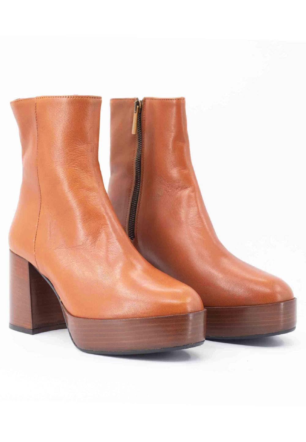 L'ARIANNA Stivaletti TR1556 in pelle cuoio con tacco alto e plateau con zip laterale di chiusura Nuovo