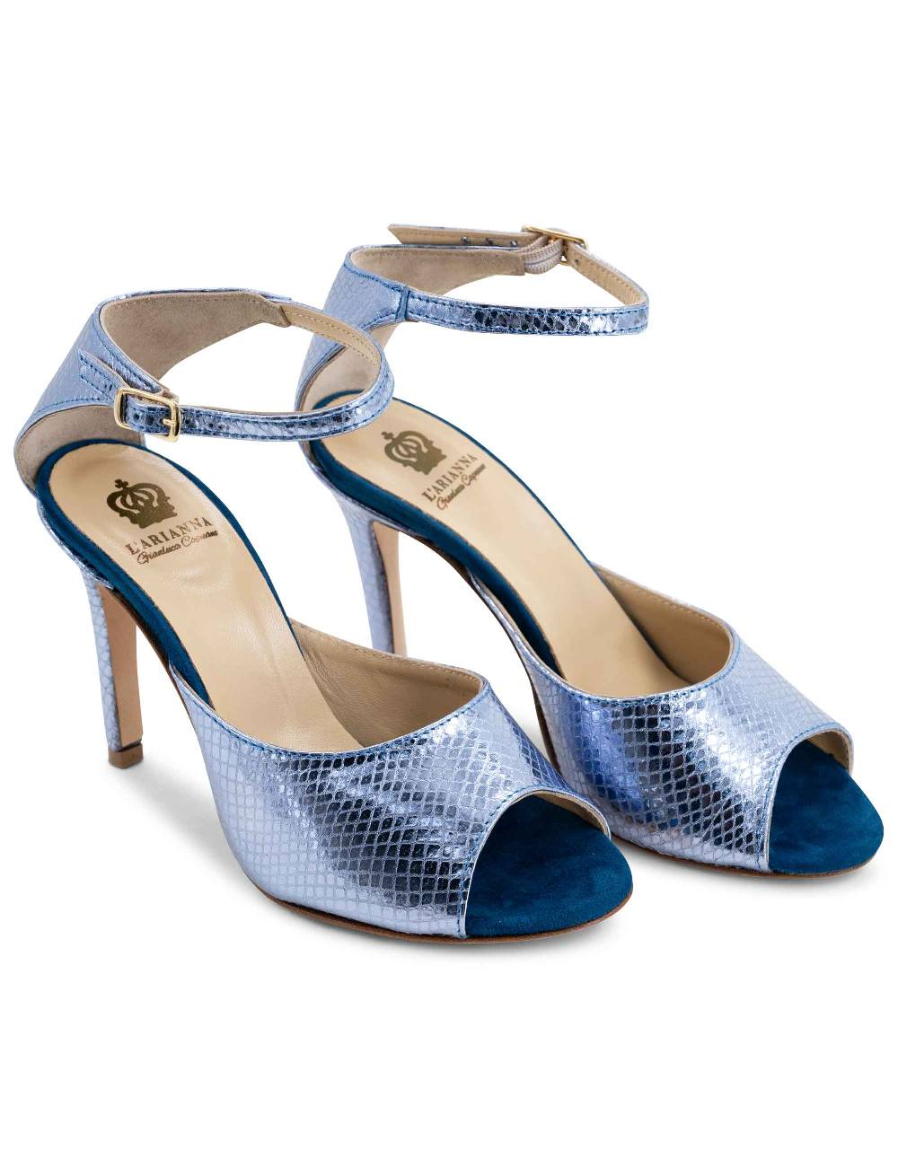 L'ARIANNA Sandali DS1518 donna in pelle laminata jeans effetto rettile e camoscio oceano con tacco alto e cinturino alla caviglia L'Arianna I Più Venduti