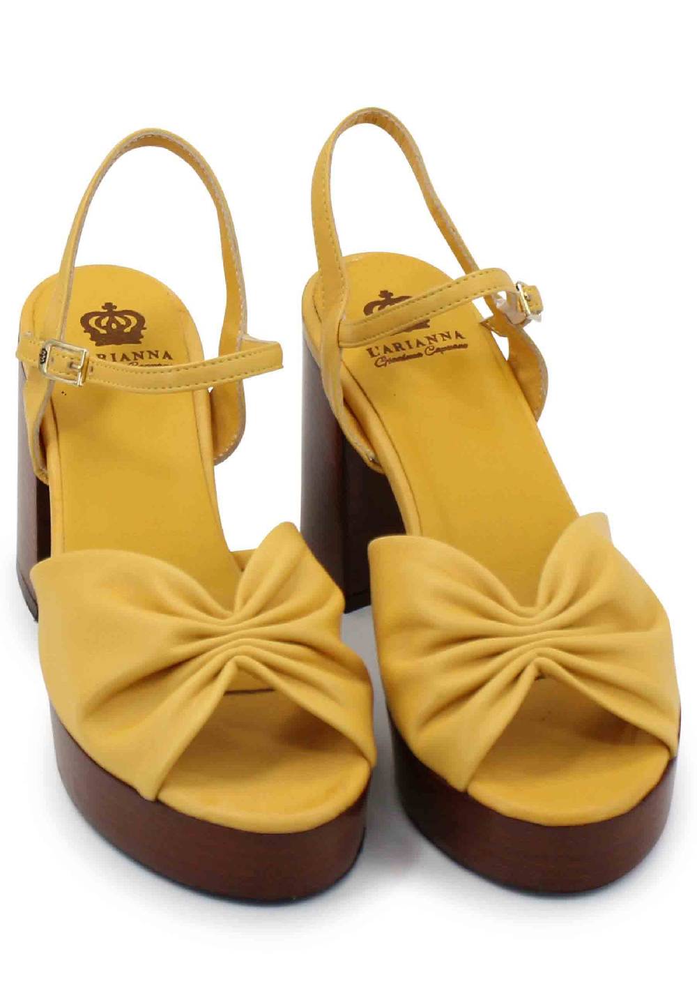 L'ARIANNA Sandali DS1648 da donna in pelle gialla con tacco e plateau in cuoio L'Arianna In Saldo