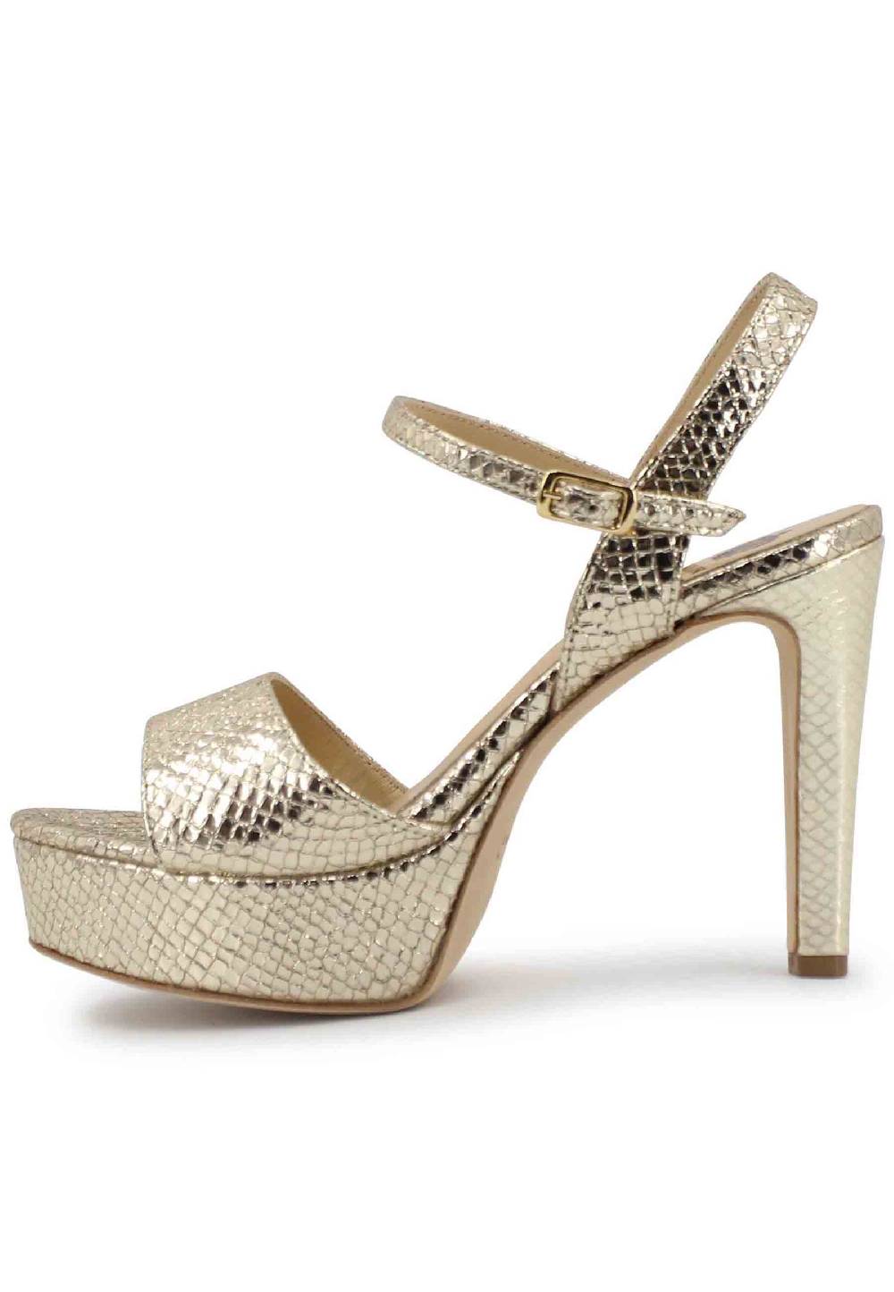 L'ARIANNA Sandali DS1610 donna in pelle laminata stampata platino con tacco alto e plateau Nuova
