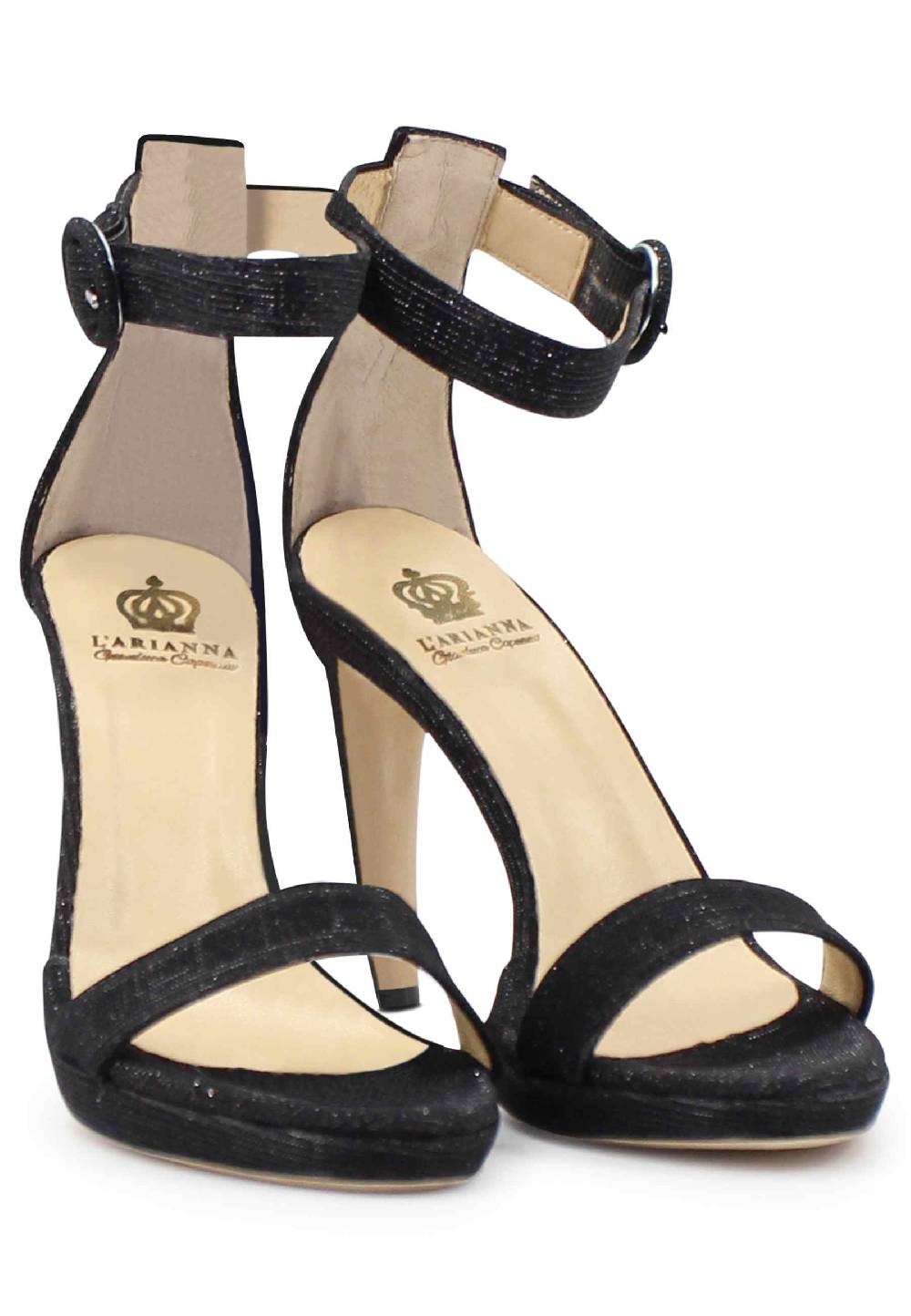 L'ARIANNA Sandali DS7016 donna in tessuto luminor blu notte tacco alto e cinturino alla caviglia Moda