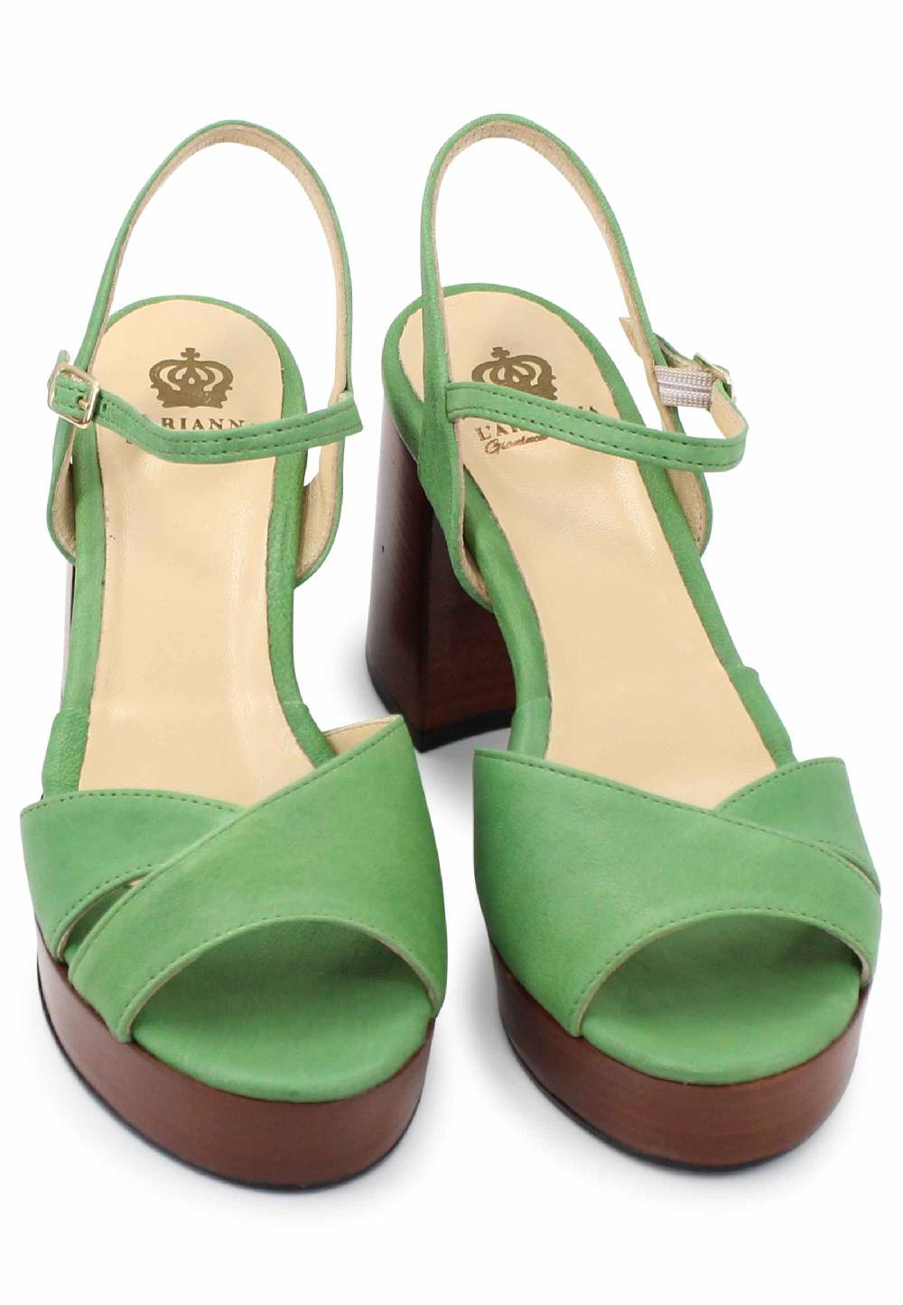 L'ARIANNA Sandali DS1639 donna in pelle verde con cinturino e tacco e plateau in cuoio Italy