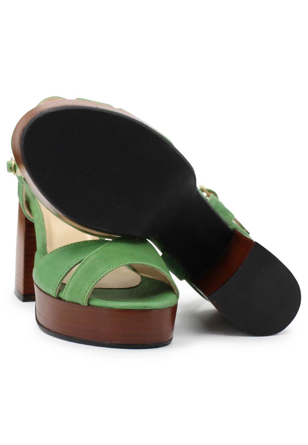 L'ARIANNA Sandali DS1639 donna in pelle verde con cinturino e tacco e plateau in cuoio Italy