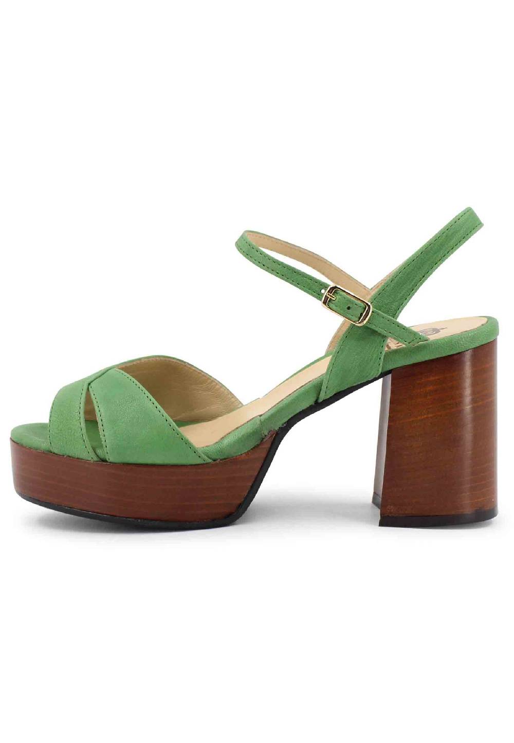 L'ARIANNA Sandali DS1639 donna in pelle verde con cinturino e tacco e plateau in cuoio Italy