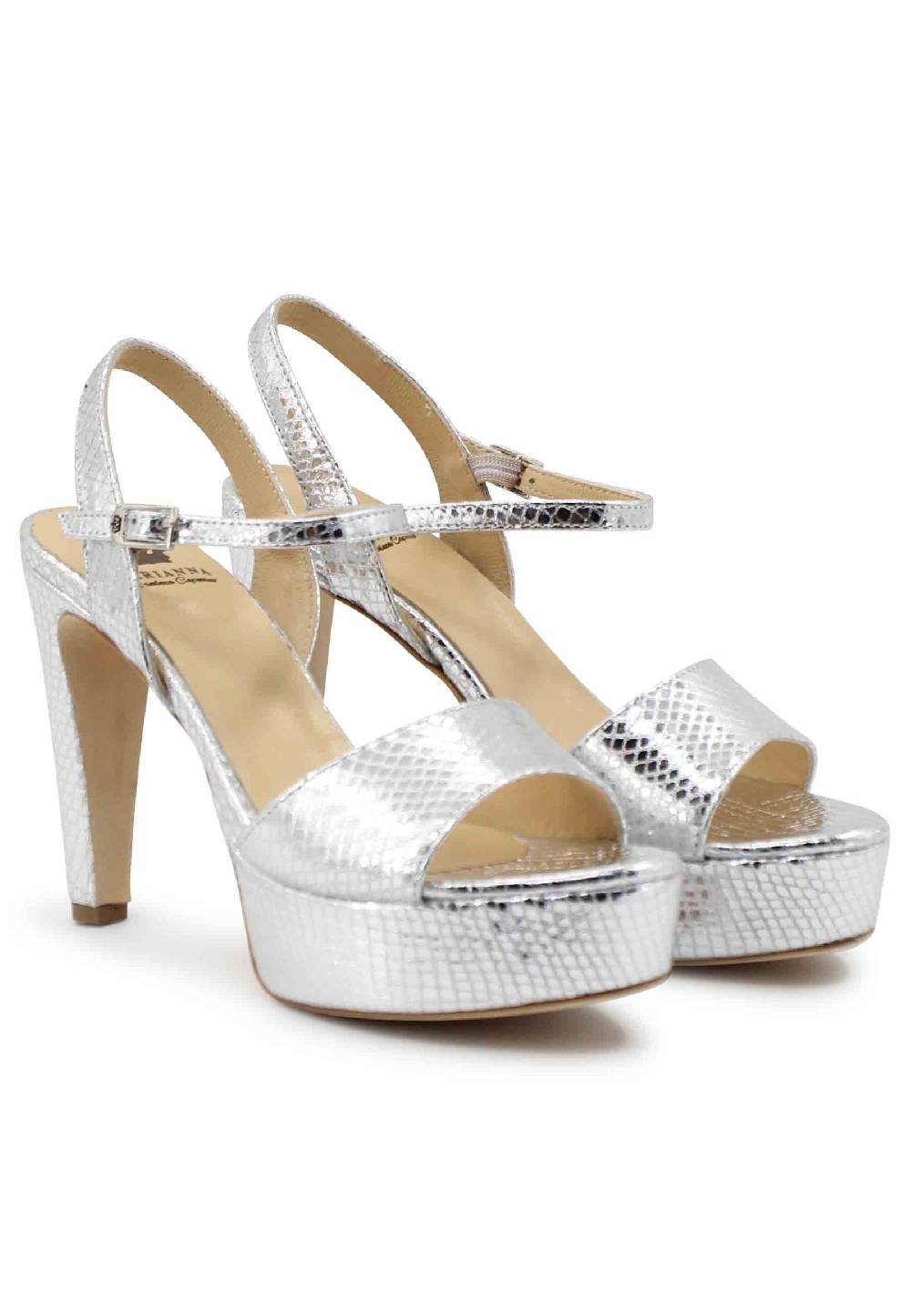 L'ARIANNA Sandali DS1610 donna in pelle laminata stampata argento con tacco alto e plateau In Linea