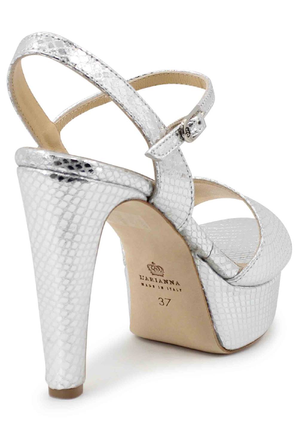 L'ARIANNA Sandali DS1610 donna in pelle laminata stampata argento con tacco alto e plateau In Linea