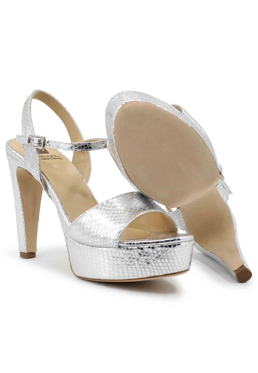 L'ARIANNA Sandali DS1610 donna in pelle laminata stampata argento con tacco alto e plateau In Linea