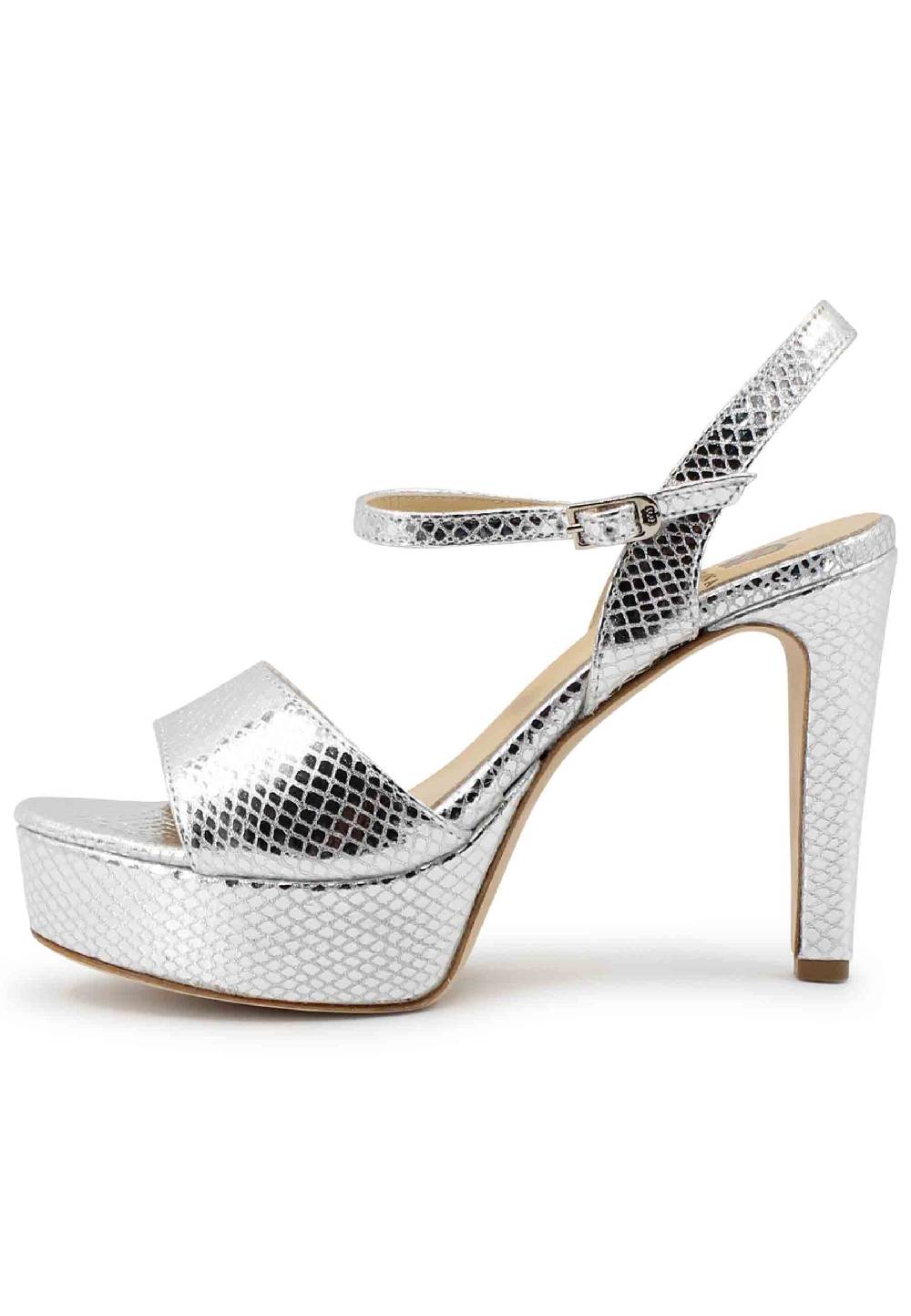 L'ARIANNA Sandali DS1610 donna in pelle laminata stampata argento con tacco alto e plateau In Linea