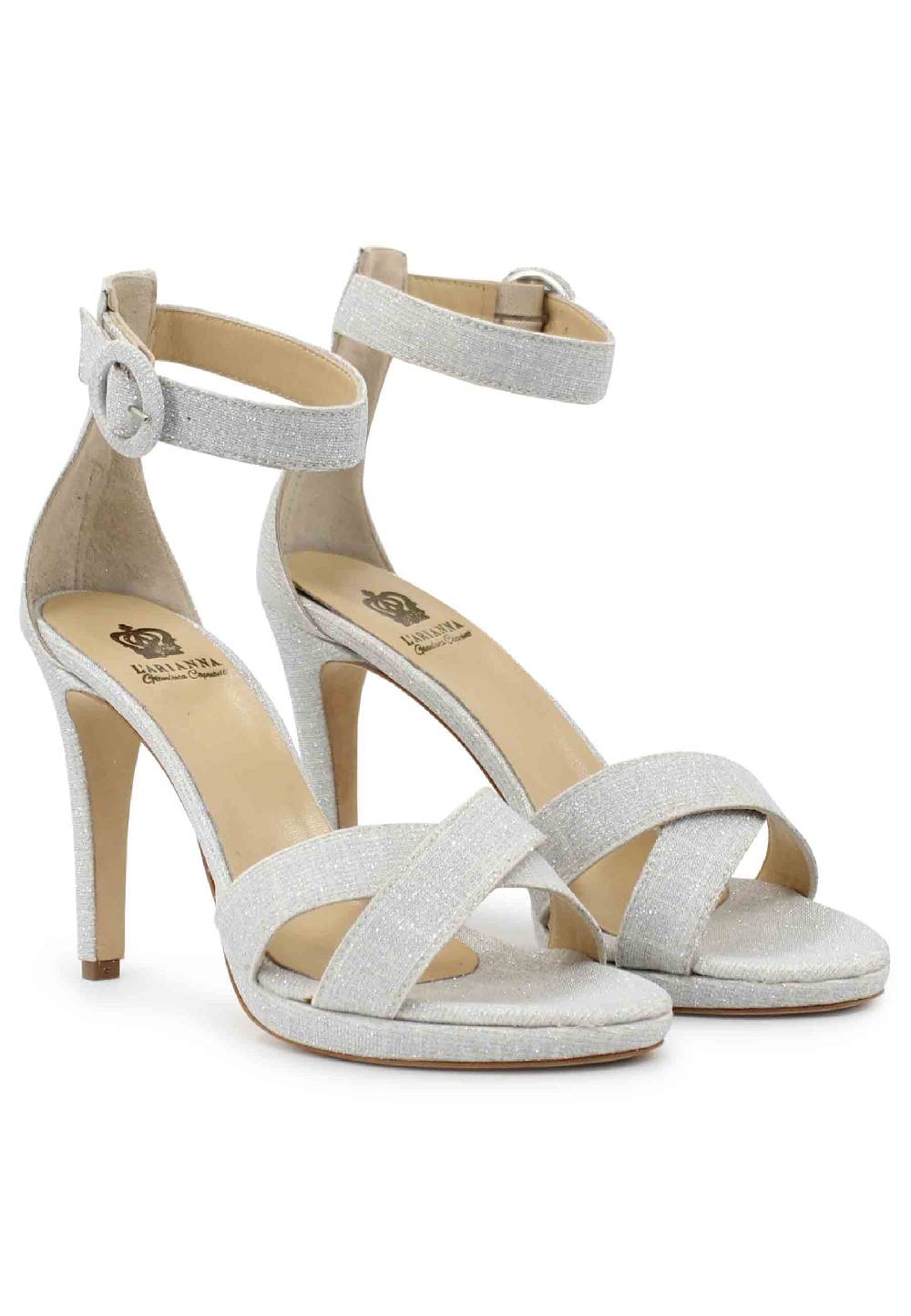 L'ARIANNA Sandali DS1507 donna in tessuto off white con tacco alto e cinturino alla caviglia Spedizione Gratuita