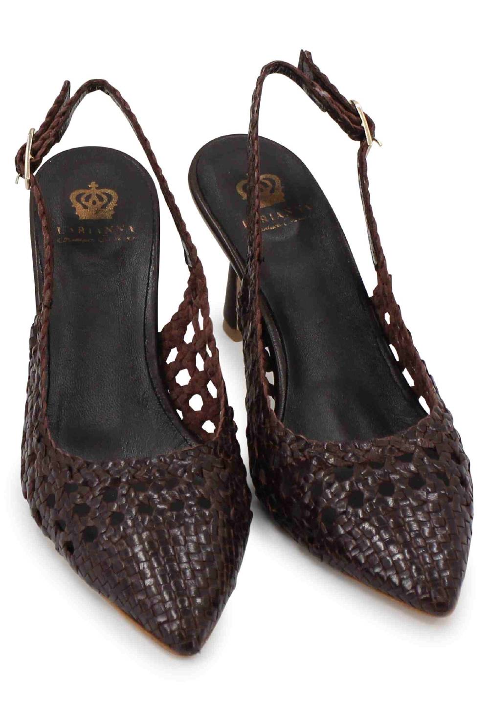 L'ARIANNA Decollete slingback in pelle intrecciata marrone tacco alto Vendita Calda