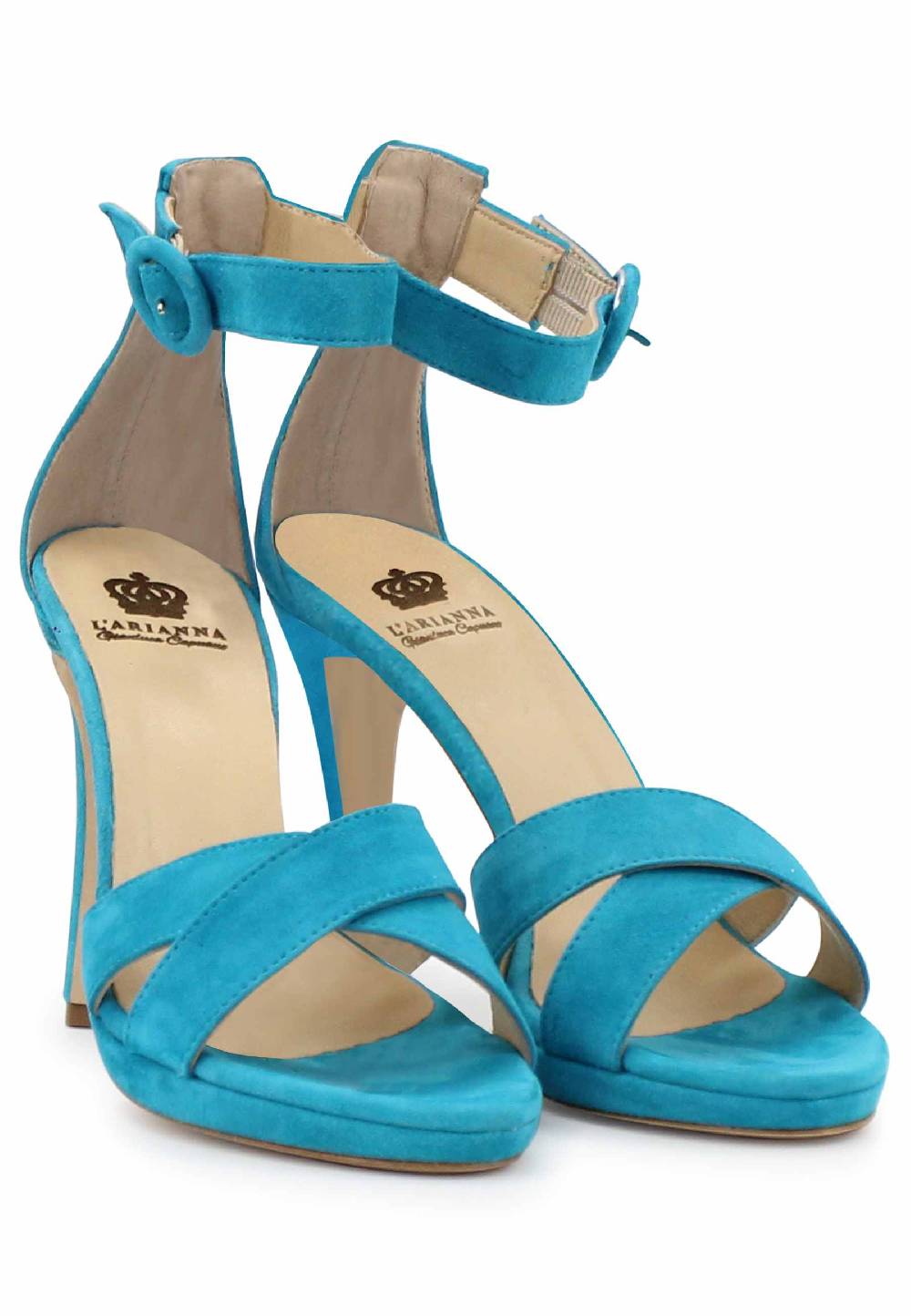 L'ARIANNA Sandali DS1507 donna in pelle azzurra con tacco alto e cinturino alla caviglia Qualità