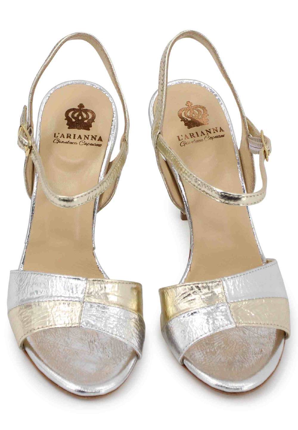 L'ARIANNA Sandali ds1643 da donna in pelle laminata oro con tacco alto e cinturino alla caviglia Soddisfazione Garantita