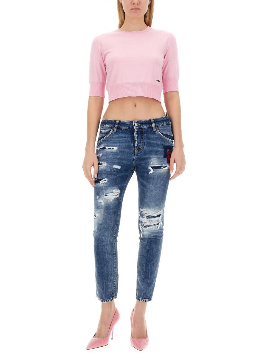 DSQUARED MAGLIA CROPPED IN COTONE TRICOT Consegna Veloce