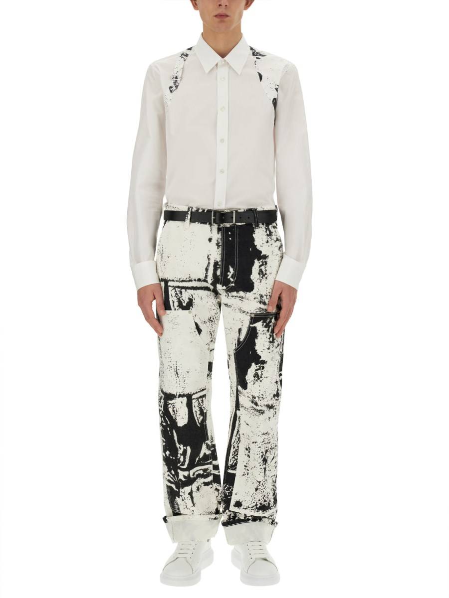 ALEXANDER McQUEEN JEANS WORKWEAR IN DENIM DI COTONE CON STAMPA FOLD Vendita Calda