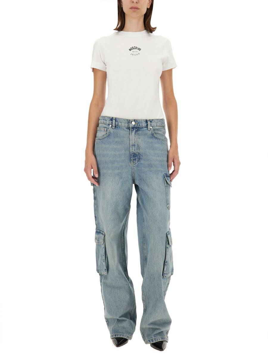MOSCHINO JEANS T-SHIRT IN JERSEY DI COTONE CON STAMPA LOGO Italia